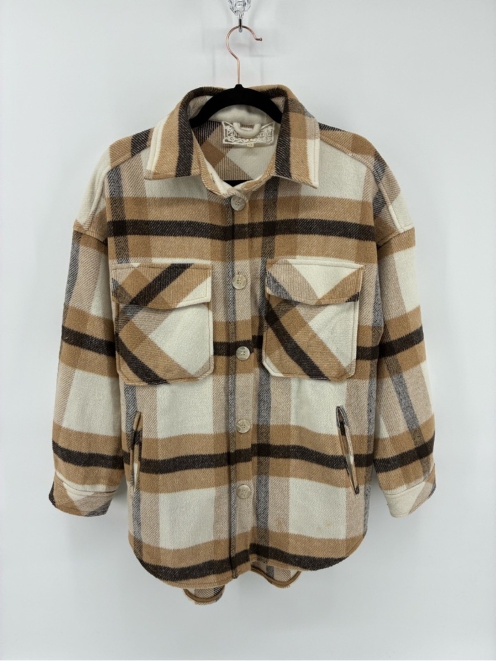 Pink Martini Plaid Utility Shacket in Cream, Tan & Brown